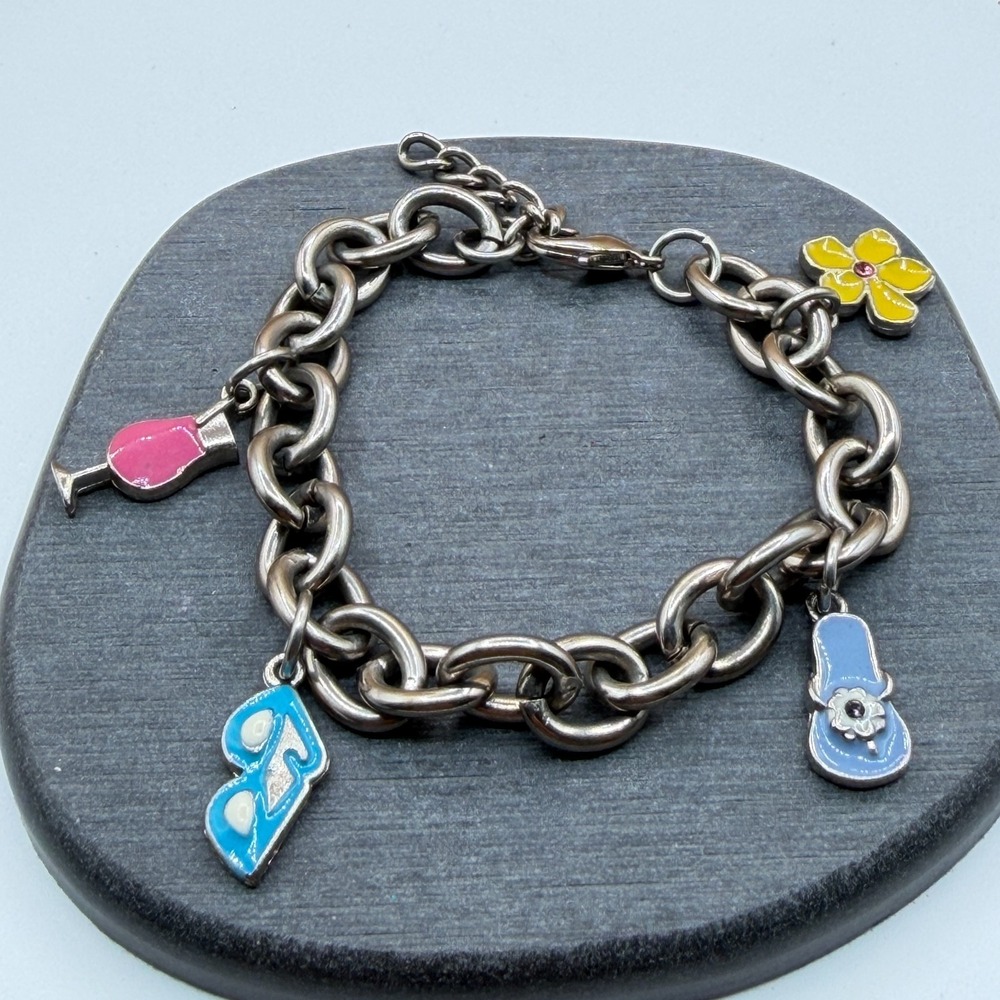 Silver Tone Chunky Chain Enamel Shoe Flower Wine Glass Charm Bracelet 7 Inch